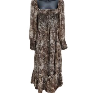 Betsey Johnson Sz Medium Earth Tone Animal Print Boho Peasant Fairy Maxi Dress
